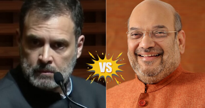 Amit Shah vs Rahul Gandhi in Bihar election campaign rally photo showing both leaders addressing public.